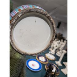 Pair of Chinese Canton famille rose vases, with panels of court terrace scenes surrounded by foliate borders, H35cm 