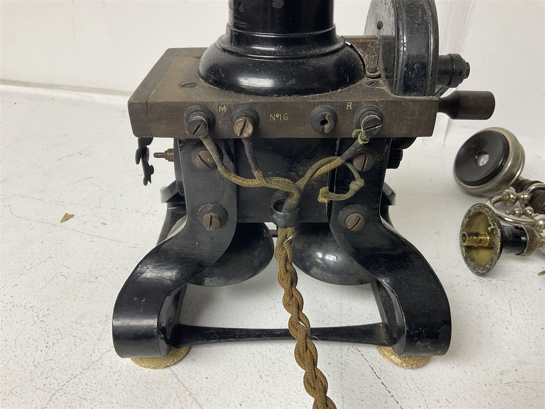 Early 20th century Skeleton Type telephone, probably made by Ericsson, marked MR No. 16, with headset, H30cm