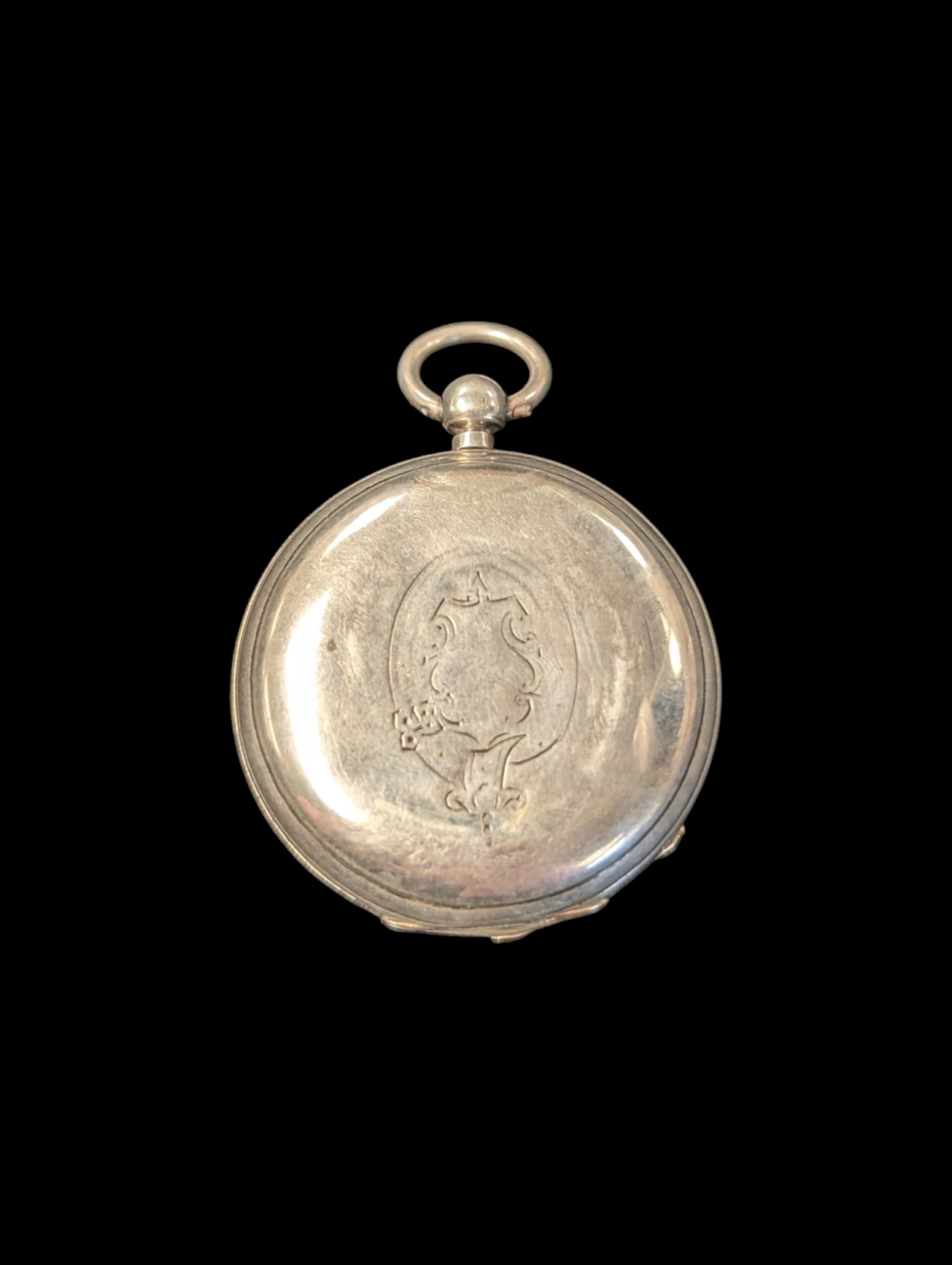 Late Victorian silver full hunter pocket watch by Tho Russell & Son no. 82844, with white enamel dial and subsidiary seconds dial, the front cover with blank cartouche, hallmarked Chester 1891