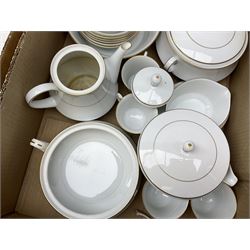 Noritake Regency Gold pattern tea and dinnerwares, to include teapot, coffee pot, milk jug, covered sucrier, tea cups and saucers, two covered tureens, dinner plates, soup bowls etc, in two boxes  
