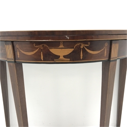 George III Sheraton period mahogany demi-lune card table, the frieze inlaid with urn and swags, fold over baize lined top with single gate leg. W94cm, H76cm, D94cm