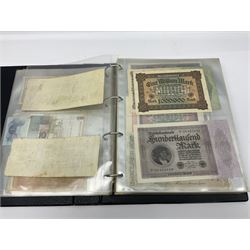 World and Great British banknotes to include Brazil, Canada, France, Germany, Ghana, Indonesia, Iraq, Hong Kong, Hungary, Japan, Vietnam, Zimbabwe, a collection of Chinese ‘Hell Money’, and quantity of ‘De La Rue Systems’ test notes, housed in ring binder and loose