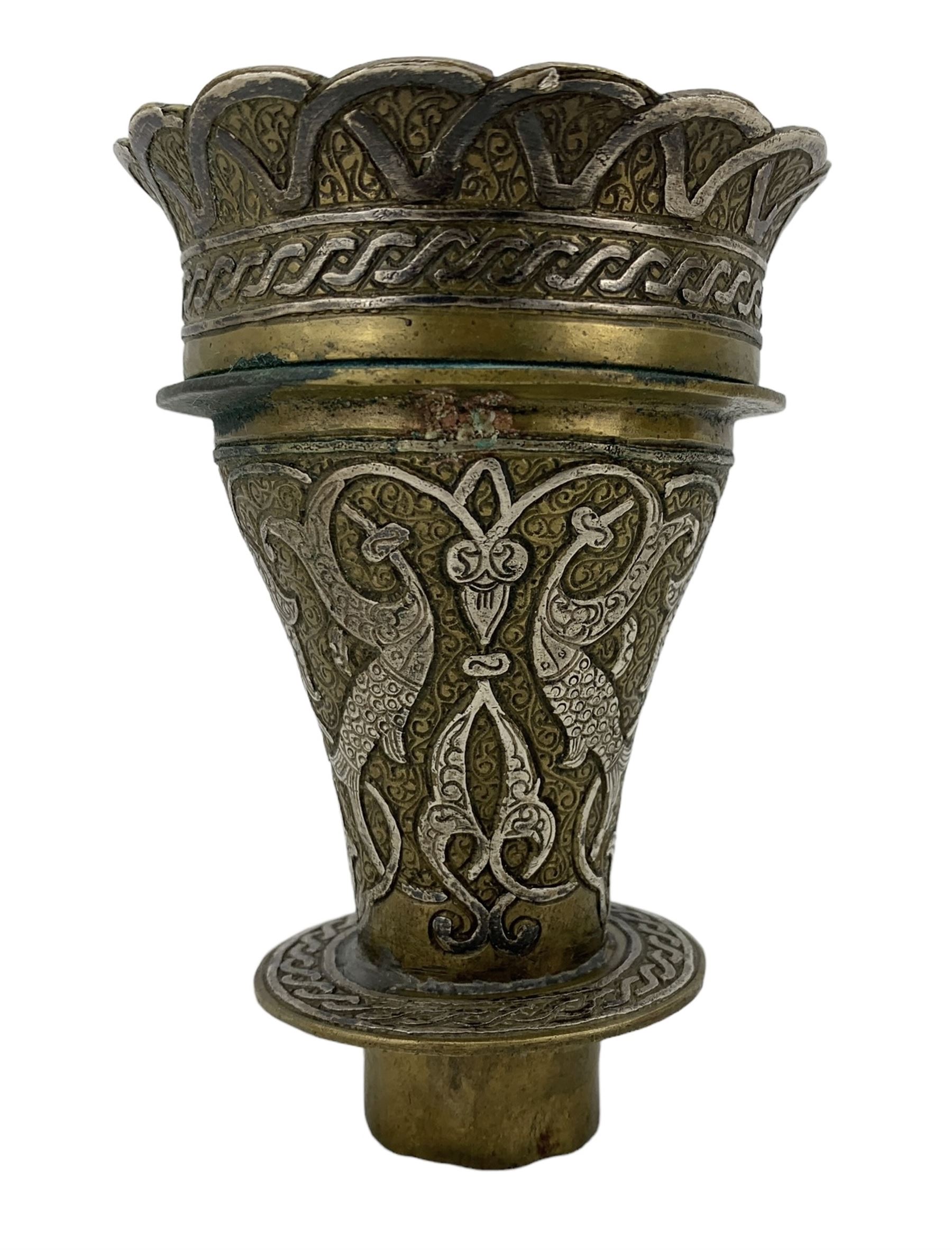 19th century Persian brass and white metal inlaid Hookah bowl, decorated with stylized fish and scrolling motifs, H11cm 