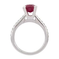 18ct white gold oval cut ruby ring, with channel set diamond shoulders, hallmarked, ruby approx 2.75 carat