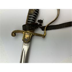 German infantry dress sword, dove head stirrup handle with black wire-bound grip cast cross guard with German eagle set into the langet, the curved 81cm single edge blade with single fuller marked Elckhorn Solingen, L93cm overall