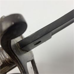 WW1 British Army 1897 Pattern Officers Sword, the 80cm fullered steel blade with traces of decoration and inscribed 'W.E. French 1914'; the basket hilt pierced with the George V cypher and wire-bound fish-skin grip L97cm overall; and WW1 British 1821 pattern Royal Artillery officer's sword with three-bar hilt; both lacking scabbard (2)