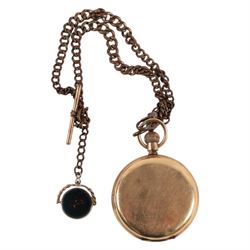 Gold plated Waltham open faced pocket watch, with base metal albert chain and plated bloodstone fob