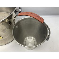 Stainless steel Laurent-Perrier champagne bucket, with engraved brass plaque and grip to swing handle, together with two matching smaller, largest D38cm (3)