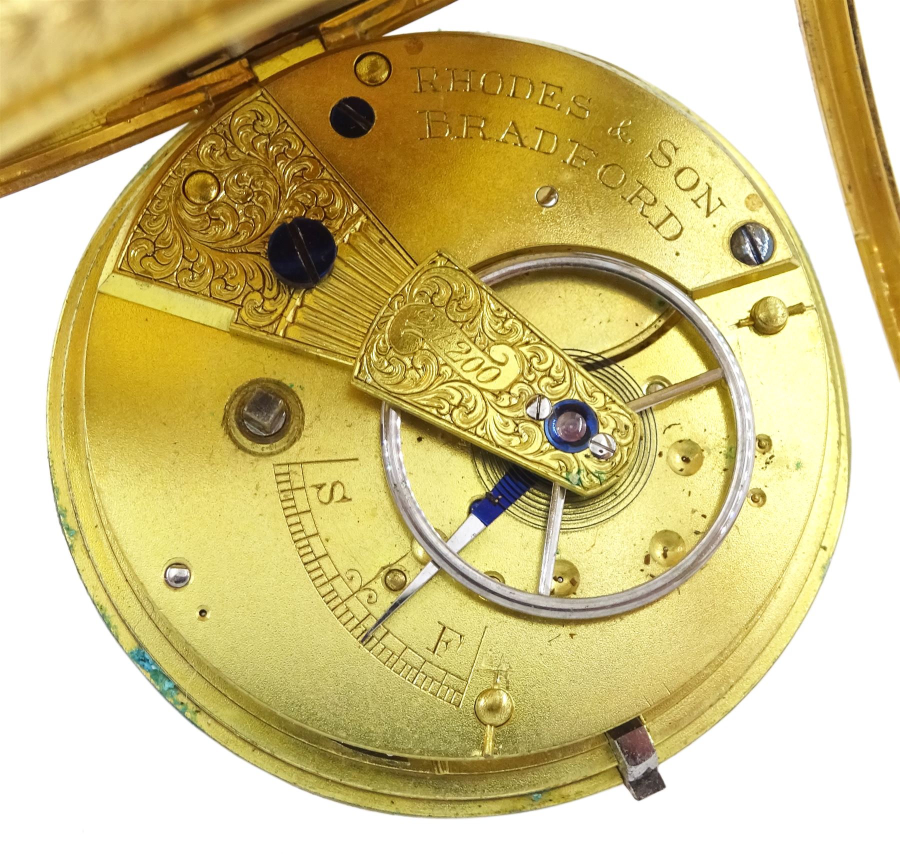 Victorian 18ct gold open face key wound fusee lever pocket watch by Rhodes & Son, Bradford, gilt dial with Roman numerals, case with engraved foliate decoration and cartouche, makers mark W K, London 1872, in fitted velvet and silk lined case