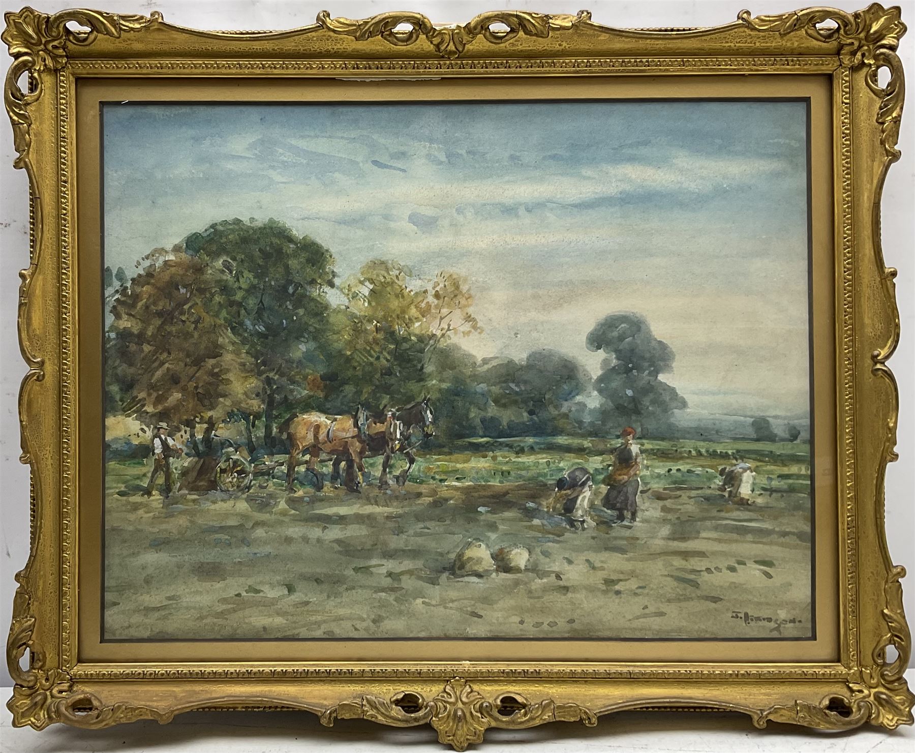 John Atkinson (Staithes Group 1863-1924): Working Horses and Girls in the Field, watercolour signed 28cm x 36cm