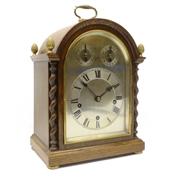  Victorian gilt metal mounted golden oak cased arch top bracket clock, silvered Roman dial with subsidiary Slow/Fast & Chime/Silent dials, triple train Winterhalder & Hoffmeier movement Westminster striking the quarter hours, case with brass acorn finials handle and feet, H38cm  