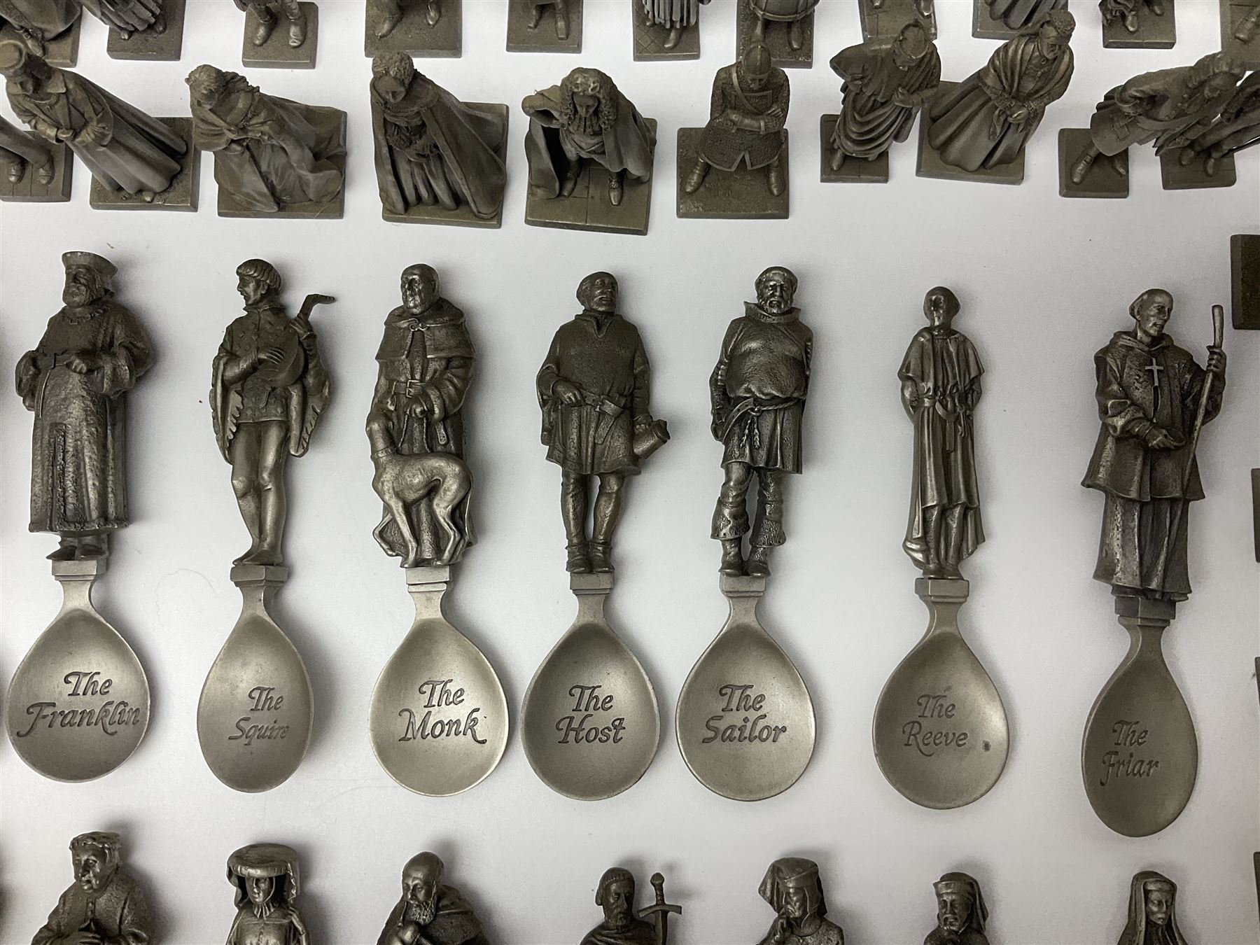 Set of forty three miniature Franklin Mint pewter figures of the Kings and Queens of England, with certificate of authenticity and information cards, together with a collection of twenty four Franklin Mint pewter Charles Dickens character spoons