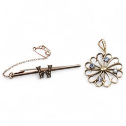 9ct gold sapphire pendant, with 15ct gold pearl pendant bail and a 9ct gold 'W' brooch 