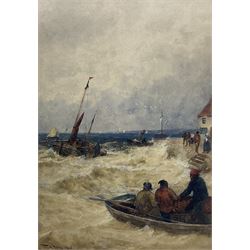 Thomas Bush Hardy (British 1842-1897): Fishing Boats leaving Harbour in Choppy Seas, watercolour signed and dated 1885, 50cm x 35cm