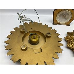 Two Smiths Sectric gilt sunburst wall clocks together Metamec Dereham wooden mantel clock, largest wall clock D35cm