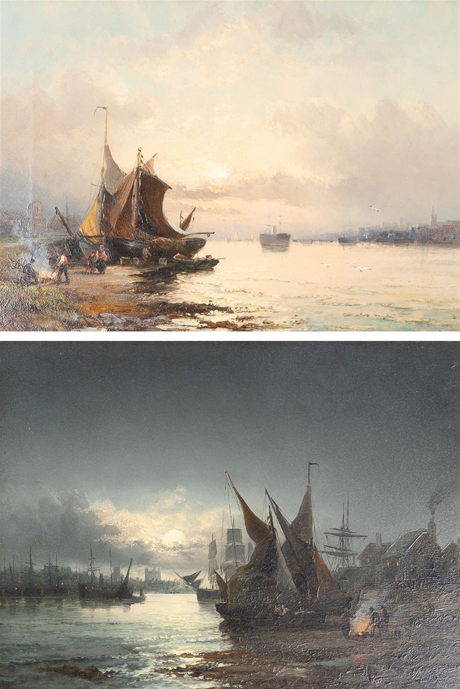 William Anslow Thornley (British fl.1858-1898): 'Sunrise - Gravesend from Tilbury' and 'Moonlight - The Medway before Rochester', pair oils on canvas signed, original title labels verso 25cm x 35cm (2) 
Provenance: with the Kenulf Gallery, Winchcombe, labels verso