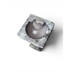 19th century weathered sandstone birdbath, formed in four sections, square top with carved shell bath, raised on tapering column with stepped base