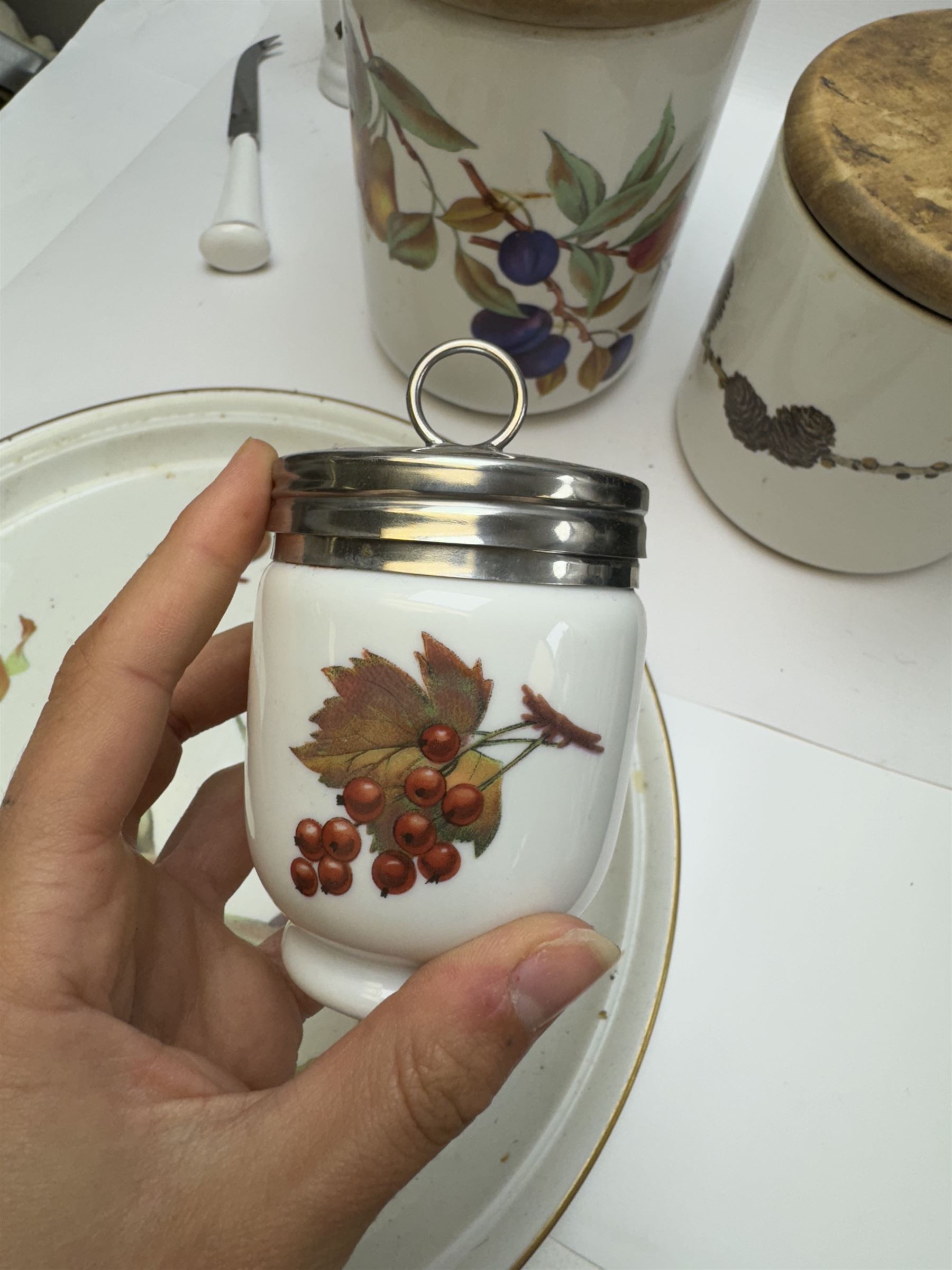 Royal Worcester Evesham pattern part dinner service, including covered jars, covered serving dishes, sauce jugs, dinner plates, side plates etc  