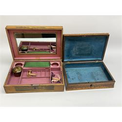 Early 19th century spa work sewing box, the hinged cover and sides hand painted with panels depicting landscapes containing figures passing before country houses and other dwellings, opening to reveal a fitted interior, H7.5cm W26.5cm D18.5cm, together with a 19th century Mauchlin Ware type box, the hinged cover decorated with a waterside vignette, H6.5cm W24cm D16cm