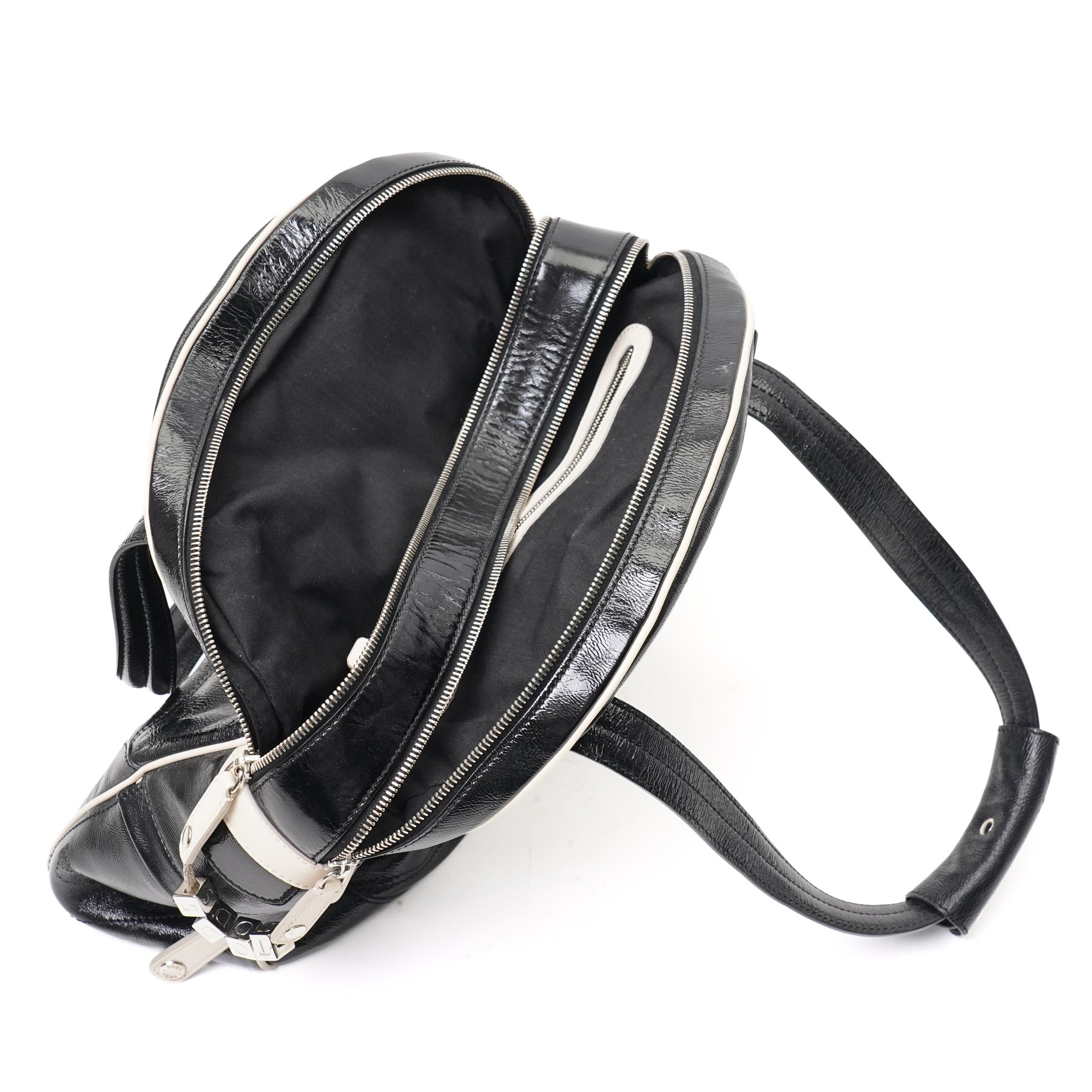 Tod’s - Tote Madis handbag in black patent leather, with twin rolled top handles, contrasting pale piping, silver-tone hardware, embossed Tod’s branding and hanging leather tag with ball-chain detail, with original Tod’s product tag and dust bag