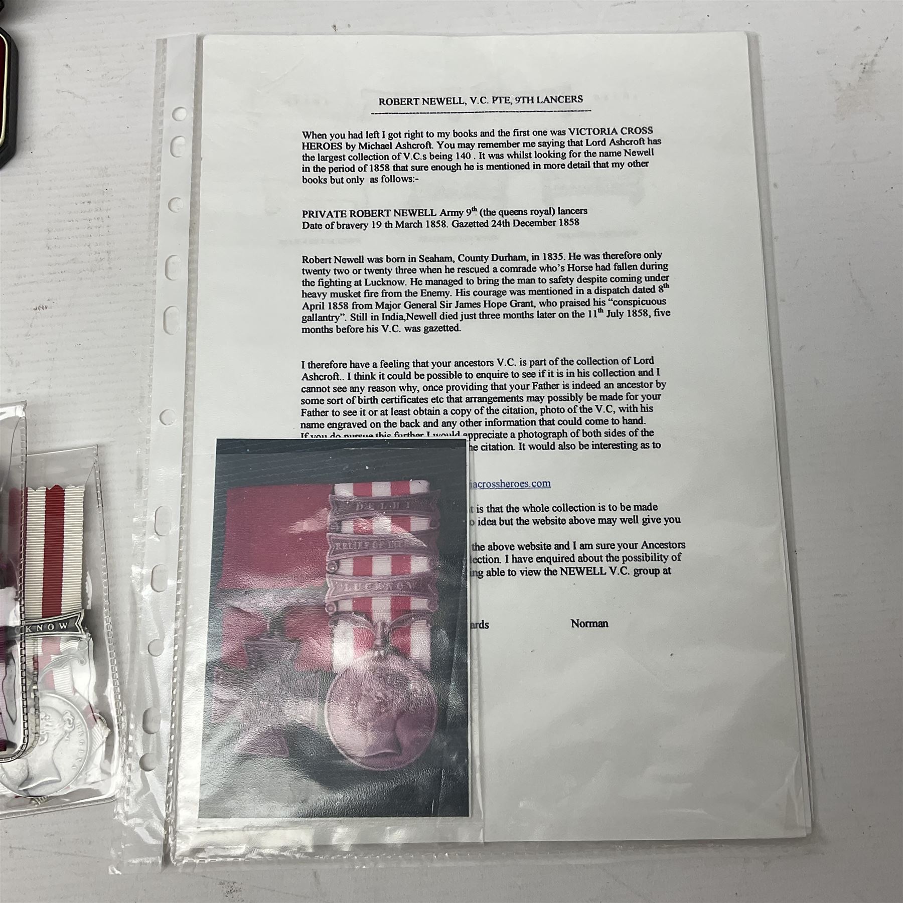 Two Imperial Service Medals to Elsie Hannah Ferguson and Fred Whitehead; each in original case; WWI Special Constabulary Medal to Inspr. Alfred W. Thompson; modern Prisoner of War Medal; cased; replica Victoria Cross and India Mutiny Medals with archive of information relating to Pte. Robert Newell V.C. 9th Lancers; replica Victoria Cross and George Cross with miniatures; and other replica medals etc