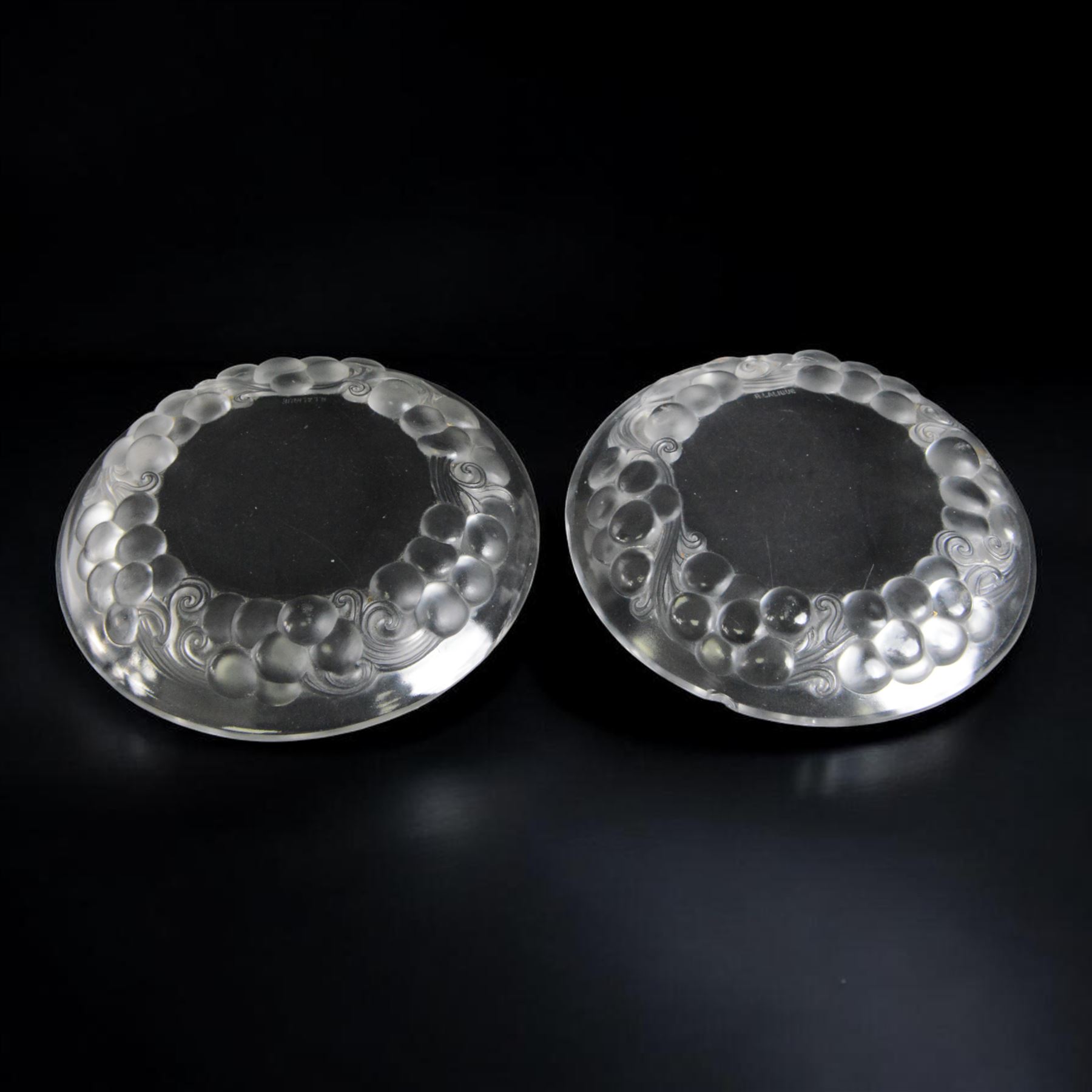 Rene Lalique (French 1860-1945), pair of Marienthal pattern glass ice cream plates, model 3034, designed circa 1930, acid etched R Lalique France beneath, D18cm