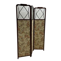 Edwardian inlaid mahogany three-fold screen, the cresting rail carved with linen garland over glazed panel and floral upholstered panel 