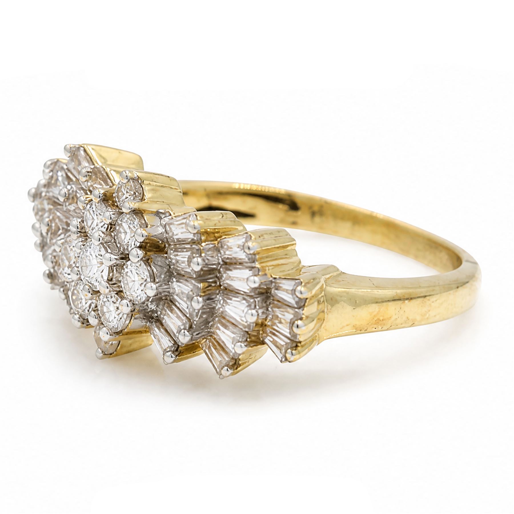 Iliana 18ct gold diamond Ballerina ring, nine round brilliant cut marquise set diamonds, with three rows of tapered baguette cut diamonds set either side, stamped, total diamond weight 1.00 carat
