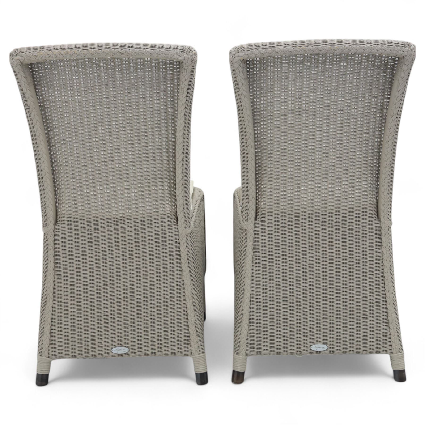 Neptune – Sheldrake limed oak extendable dining table and eight Havan loom chairs, the oval top in limed oak finish with four additional leaves extending the table to seat up to ten (Extends to cm), raised on turned legs with two additional centre supports, the matching Havan loom chairs finished in grey with cream upholstered seat covers (H 95cm, W 47cm, D 55cm)
