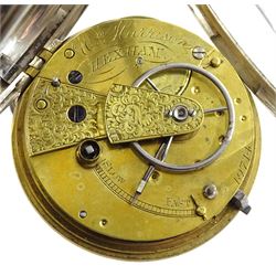 Victorian silver open face fusee pocket watch by William Harrison, Hexham, No. 19714, silver dial with Roman numerals and subsidiary seconds dial, case makers mark C W (possibly Charles Woods), London 1860