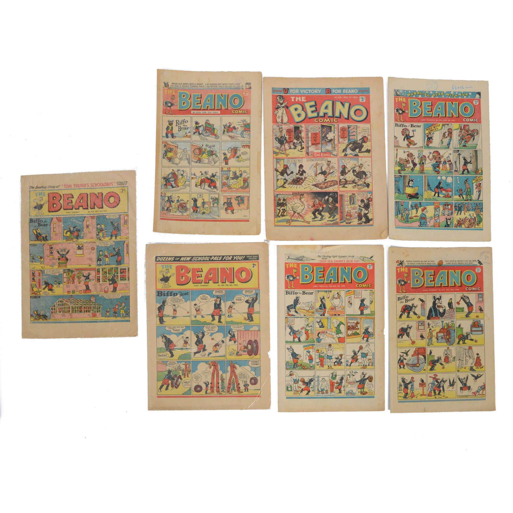 Seven 1940s and 50s The Beano comics, including 1941 issue no.166 propaganda war issue, with Big Eggo black-out cover, 1948 issue no.329, 1949 issue no.368, 1949 issue no.379, 1950 issue no.398,  1950 issue no. 424 and 1954 issue no. 603