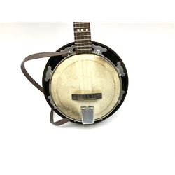 Melody-Uke four-string ukelele banjo, makers plaque to head stock L59cm; and Italian eight-string lute-back mandolin with mahogany stained segmented maple back and spruce top L59cm (2)