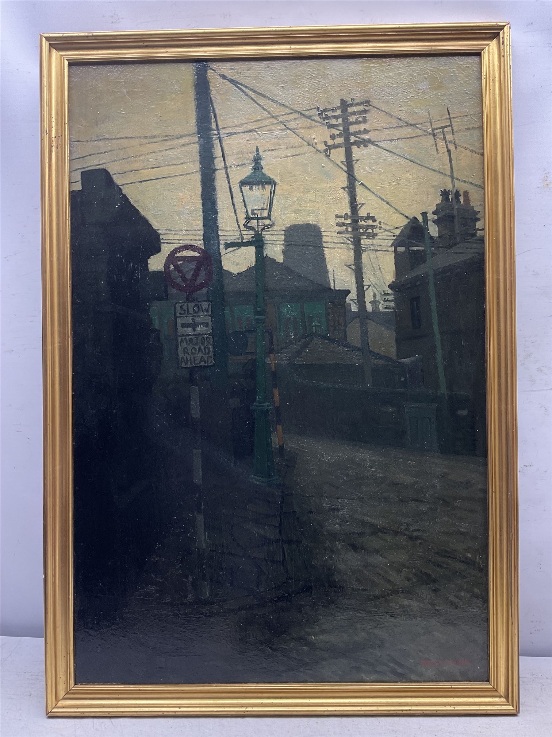 Peter Brook (Northern British 1927-2009): Telegraph Wires at the Road Junction, oil on board signed, dated by the artist c1955 on hand written verso 75cm x 50cm
Provenance: West Yorkshire dec'd estate; the deceased was good friends with the artist.