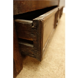  17th century oak mule chest, moulded hinged top above geometric moulded two panel front and long drawer, on stile feet, W120cm, H73cm, D52cm  