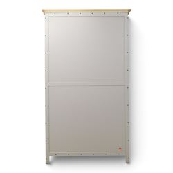 Barker & Stonehouse - Grey painted double wardrobe, with projecting oak cornice, fielded panelled doors, with wooden hanging rail, raised on bracket feet