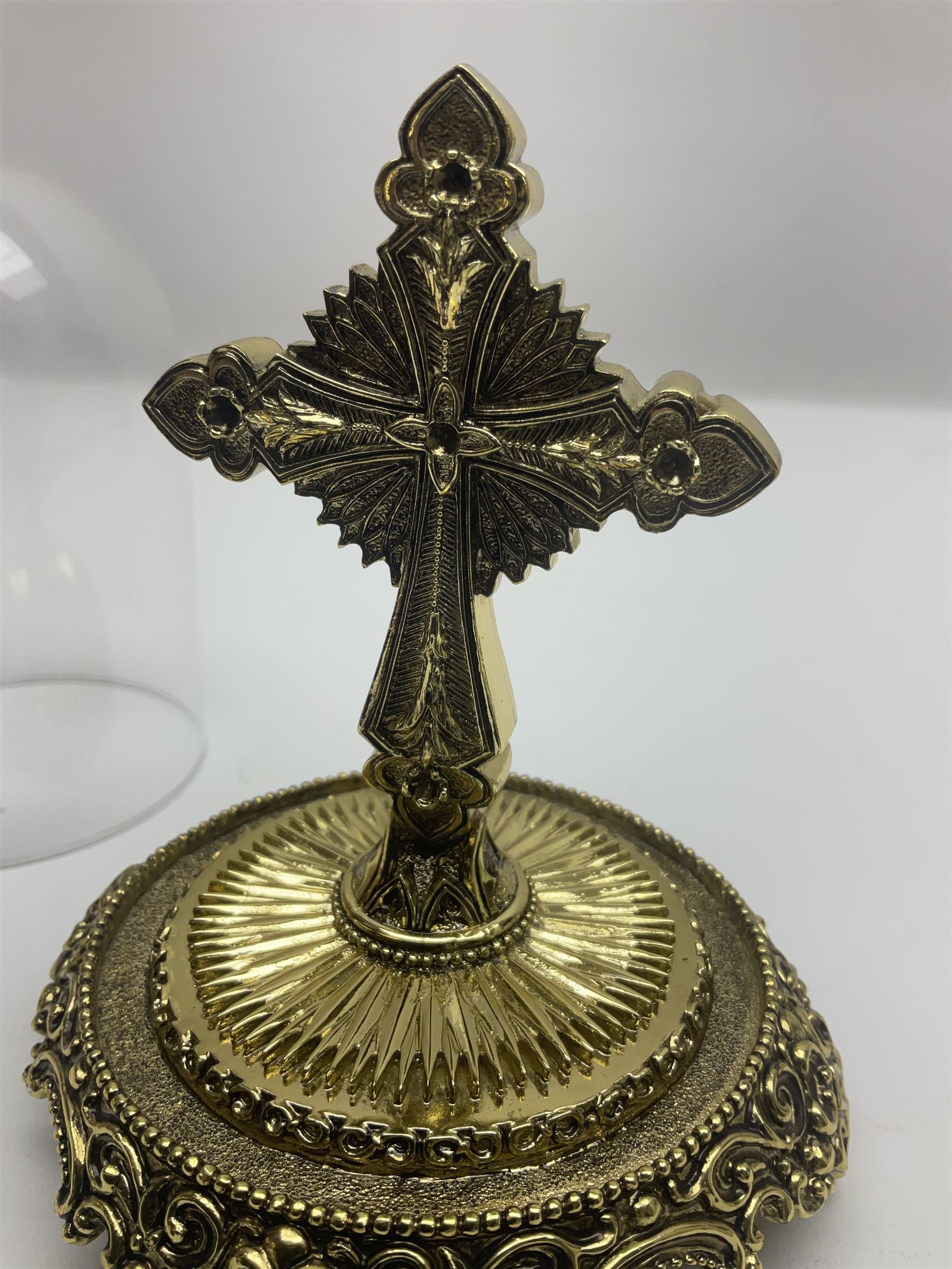 Four limited edition Franklin Mint House of Fratelli Coppini crosses, to include Majestic Cross, Sacred Cross, Star of Hope Jewelled Cross and The Gates to Paradise Cross, all under glass domes, H13cm