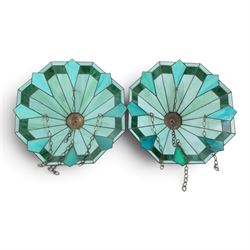 Pair of Tiffany style green stained glass shades with geomatic design, D50cm