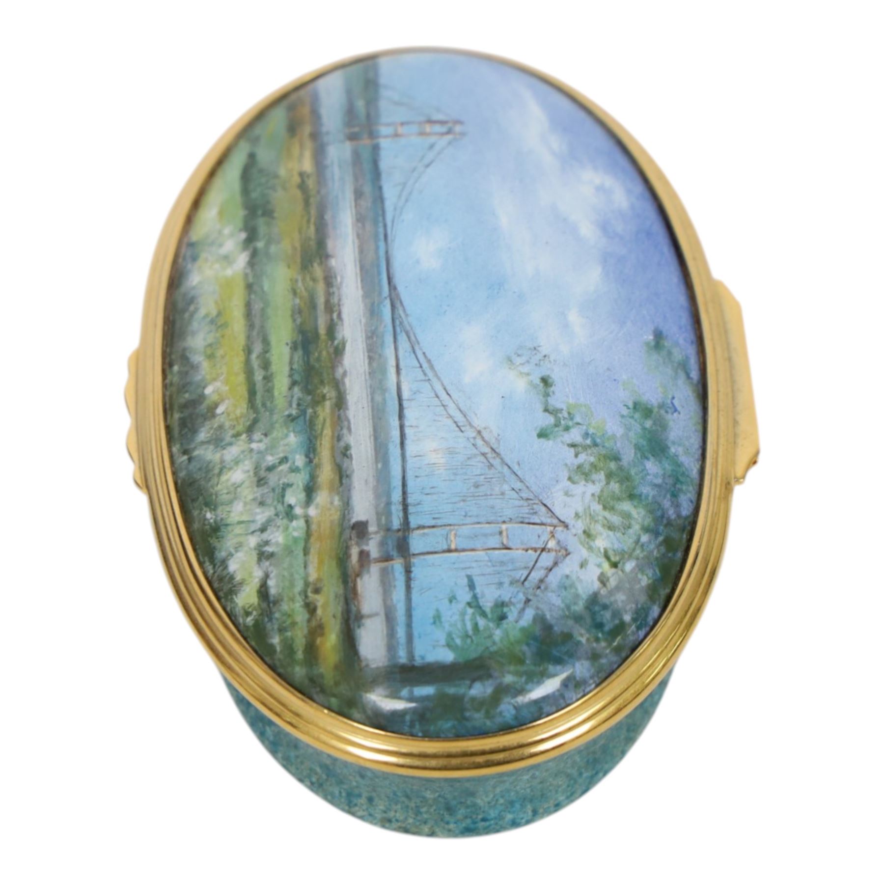 Halcyon Days bespoke commissioned enamel pill box, painted with the Humber Bridge, H3cm