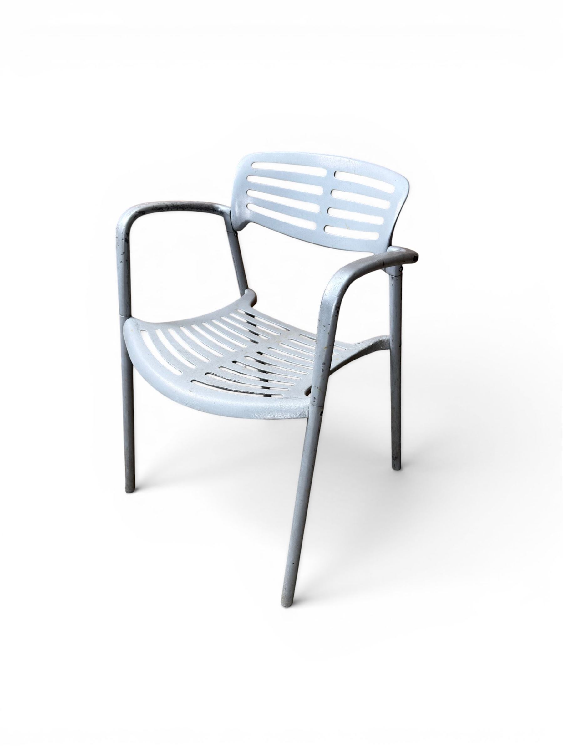 Set of eight mid-20th century painted aluminium garden armchairs, curved backs with shaped seat, stackable