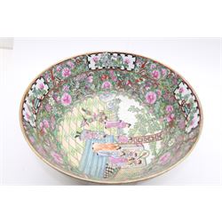 Chinese famille rose bowl, painted with panels depicting court scenes and flora and fauna, D31cm