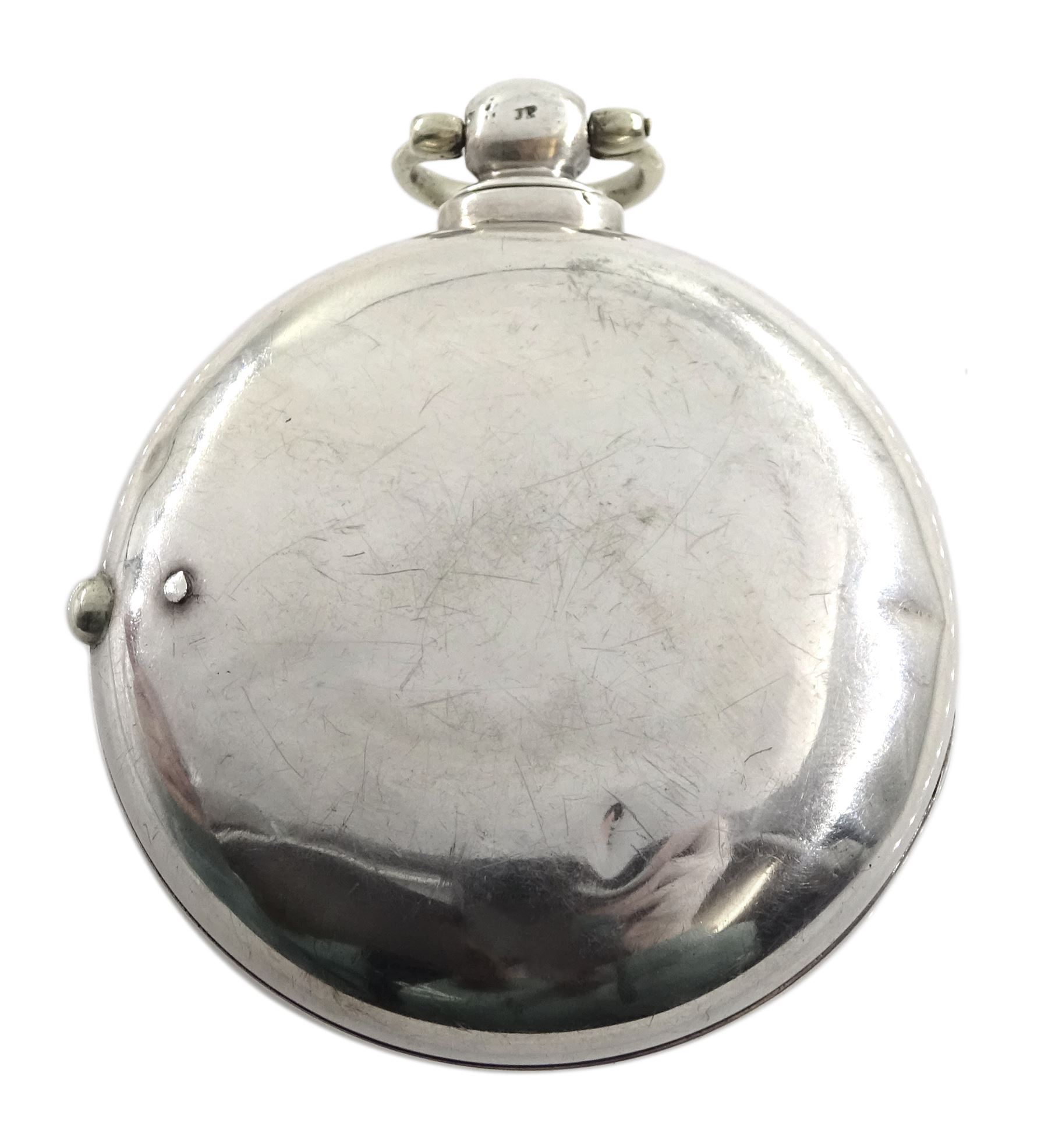 William IV silver pair cased verge fusee pocket watch by J C Heselton, Beverley, No. 1082, pierced and engraved balance cock decorated with a mask, enamel polychrome 'Speed the Plough' dial with Roman numerals, bull's eye glass, case by Benjamin Norton, London 1831