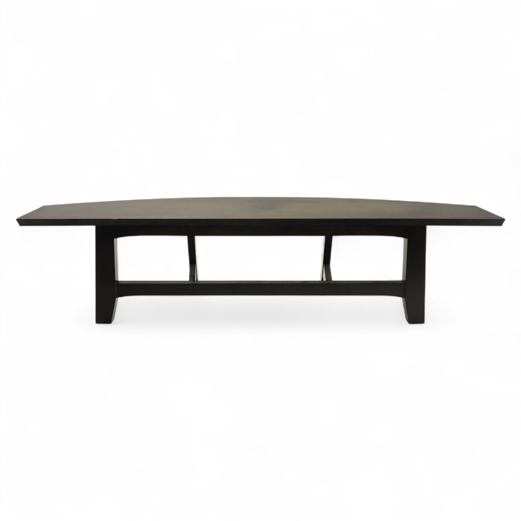 Contemporary black ash finish engineered wood hall table, with bow front top raised on a trestle style base 