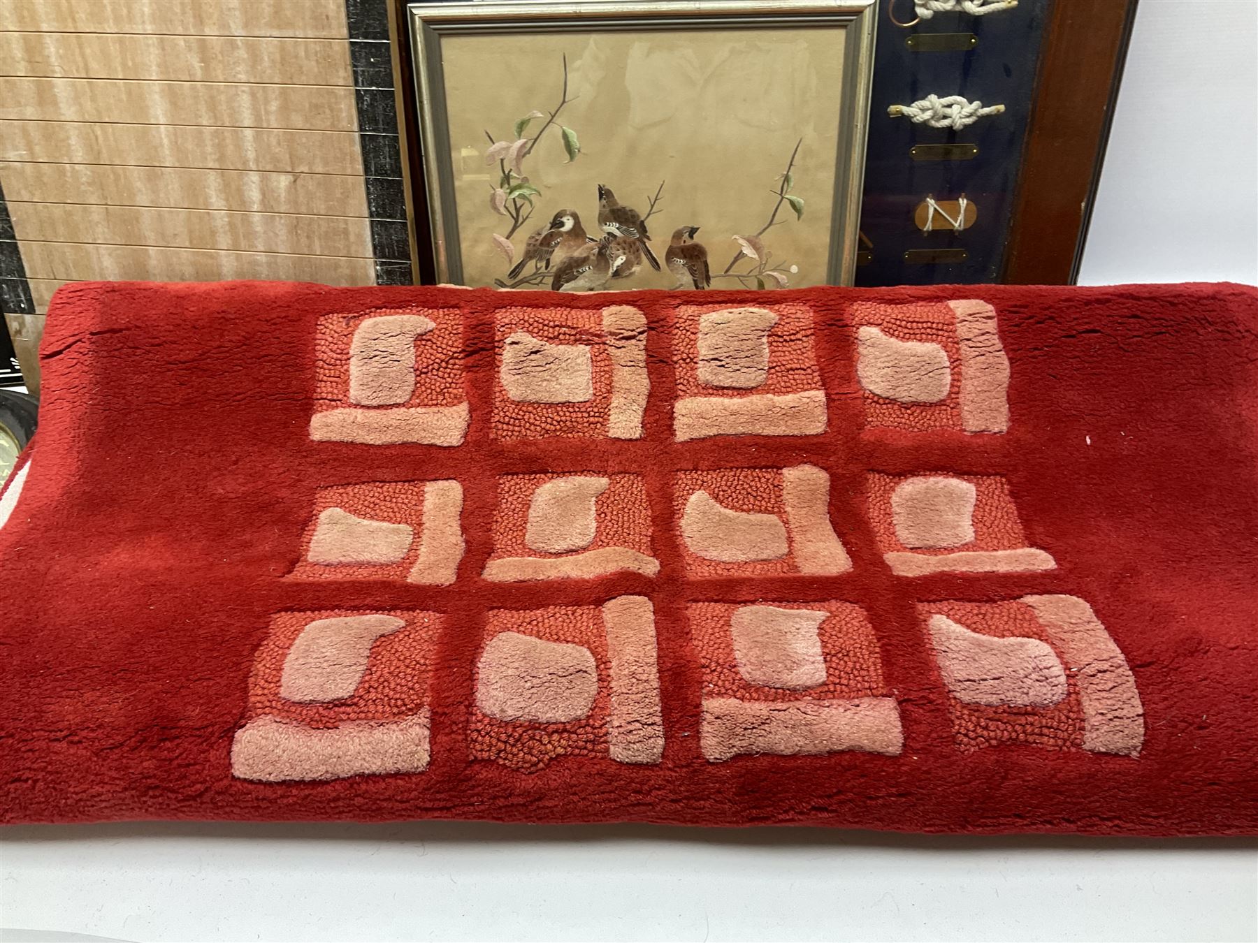 Shove ha'penny board, together with a maritime diorama, small oval mirror, rugs etc