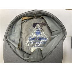 Five reproduction German WW2 hats comprising Wehrmacht olive tropical helmet, Heer officer's peaked cap, two M43 caps and Field side cap (5)