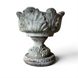 Cast stone classic garden urn, raised on squat pedestal and an ornate cast stone urn (2)