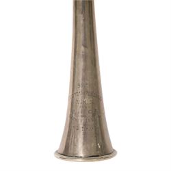 Early 20th century silver hunting horn, of typical form engraved 'South Oxfordshire Hounds W.H.B. from W. and C.F. Season 1905-6 43 Brace', marked Whippy London , hallmarked (worn and indistinct), L24cm