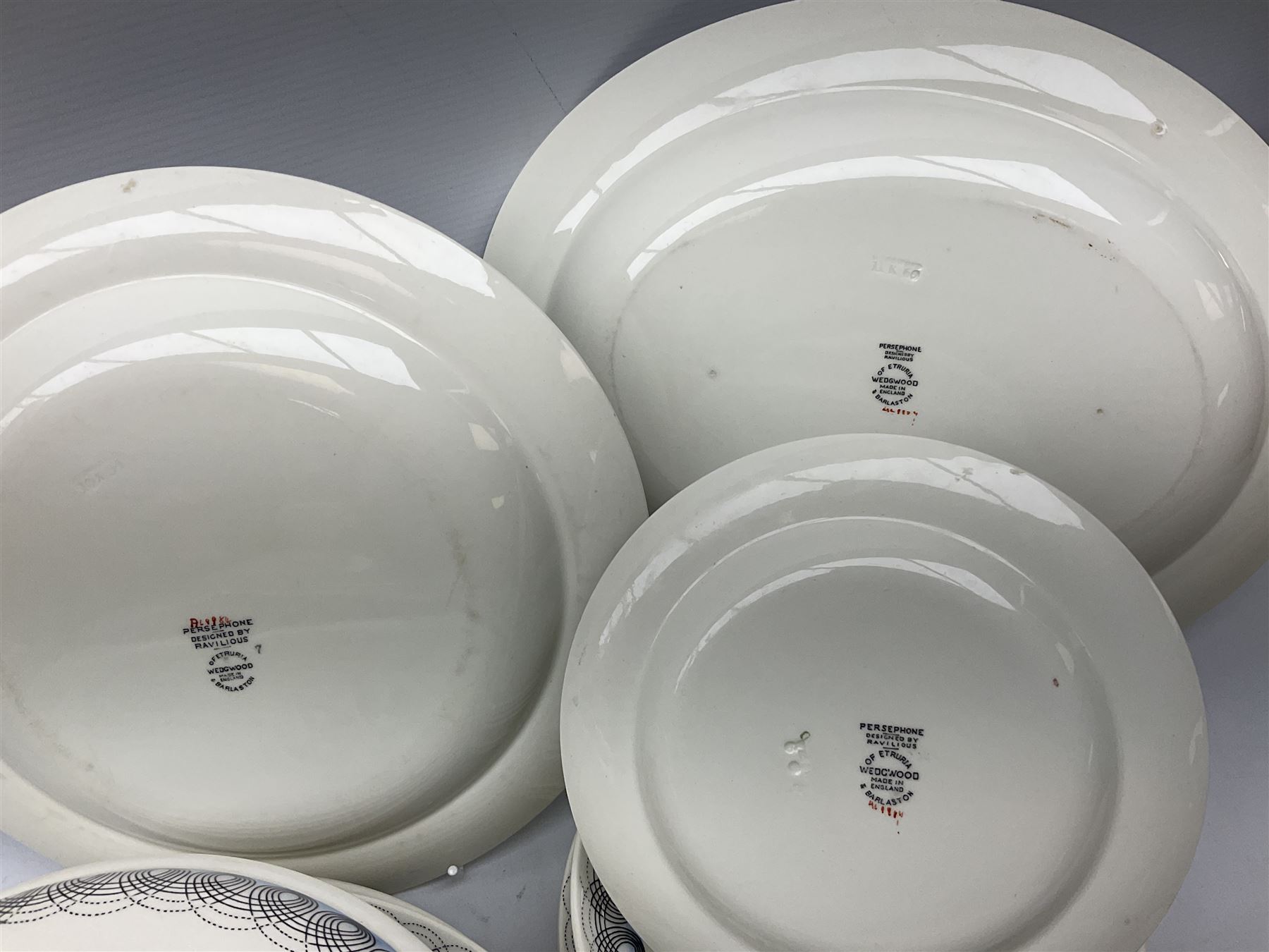 Wedgwood Persephone pattern part tea and dinner service, designed by Eric Ravilious, eight dinner plates, eight side plates, eight dessert plates, two covered tureens, meat platter, coffee pot, eight coffee cans and saucers, milk jug, covered sucrier etc (64)