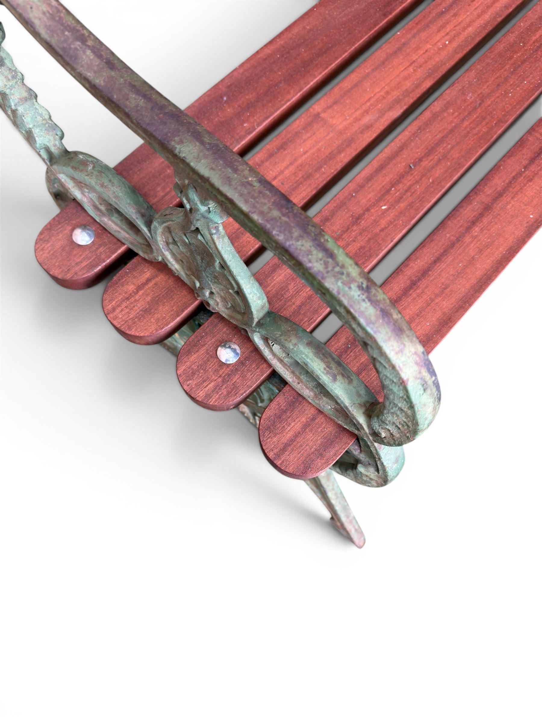 Coalbrookdale - Lily Pad design cast iron an wood slatted garden bench, late 19th century Aesthetic Movement, no. 217569, distressed green paint, iron centre support and seat stretcher, hardwood slatted