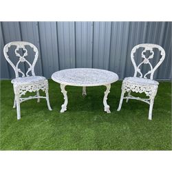 Pair of aluminium garden chairs with all over floral design, together with a circular aluminium table   - THIS LOT IS TO BE COLLECTED BY APPOINTMENT FROM DUGGLEBY STORAGE, GREAT HILL, EASTFIELD, SCARBOROUGH, YO11 3TX