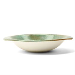 Whitefriars 'Controlled Bubble' vase, in the Twilight colourway, H19.5cm; together with a West German pitcher, H37cm, and Poole pottery twin handled dish, D28cm (3)